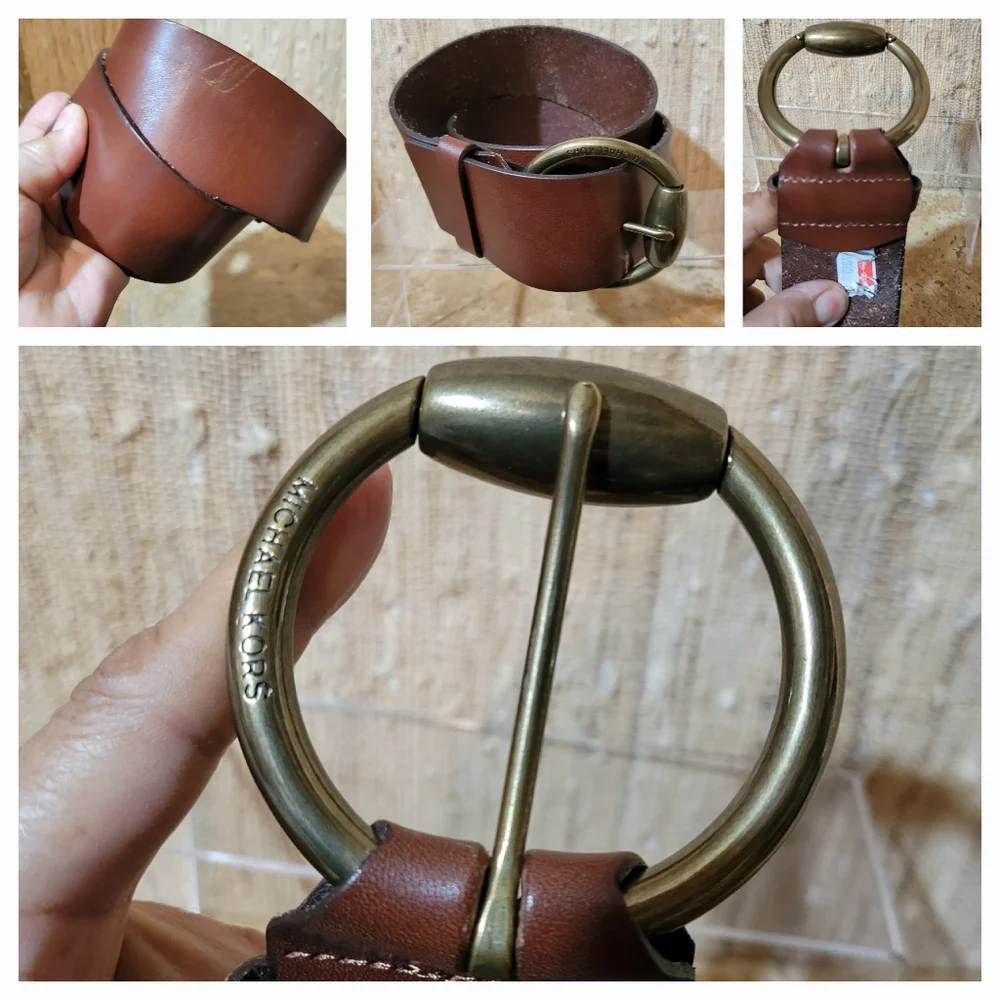 Vtg Michael Kors Wide Brown Leather Lrg Brass Buckle Belt Women's XS - Picture 2 of 3